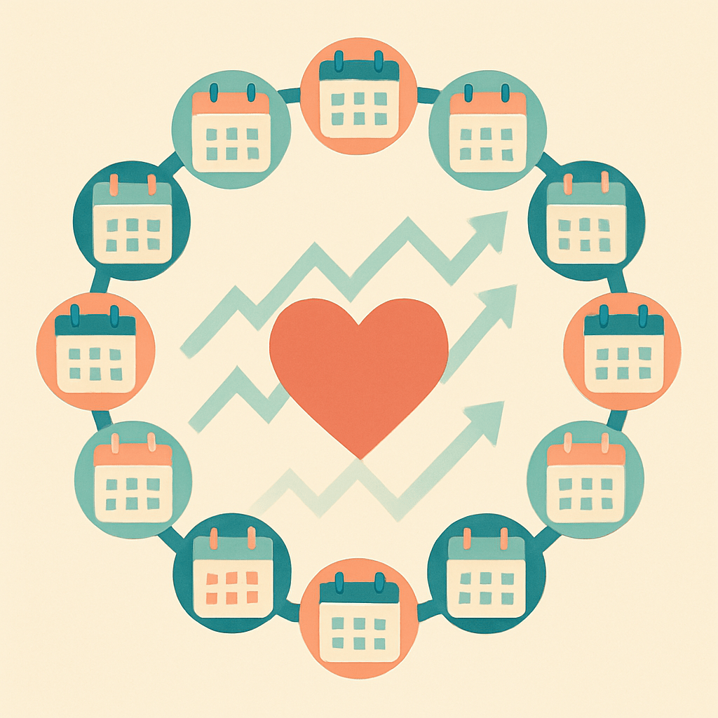 Illustration of a monthly recurring giving cycle with connected calendar icons around a central heart symbol