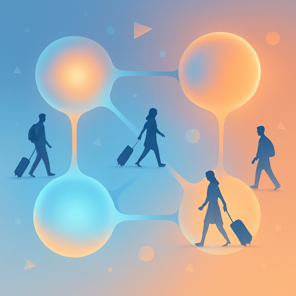 Abstract illustration of interconnected campaign nodes representing Google Ads architecture for tourism