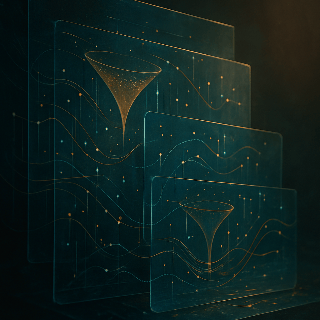 Layered translucent glass panels showing data flows and funnel visualizations representing premium marketing skills