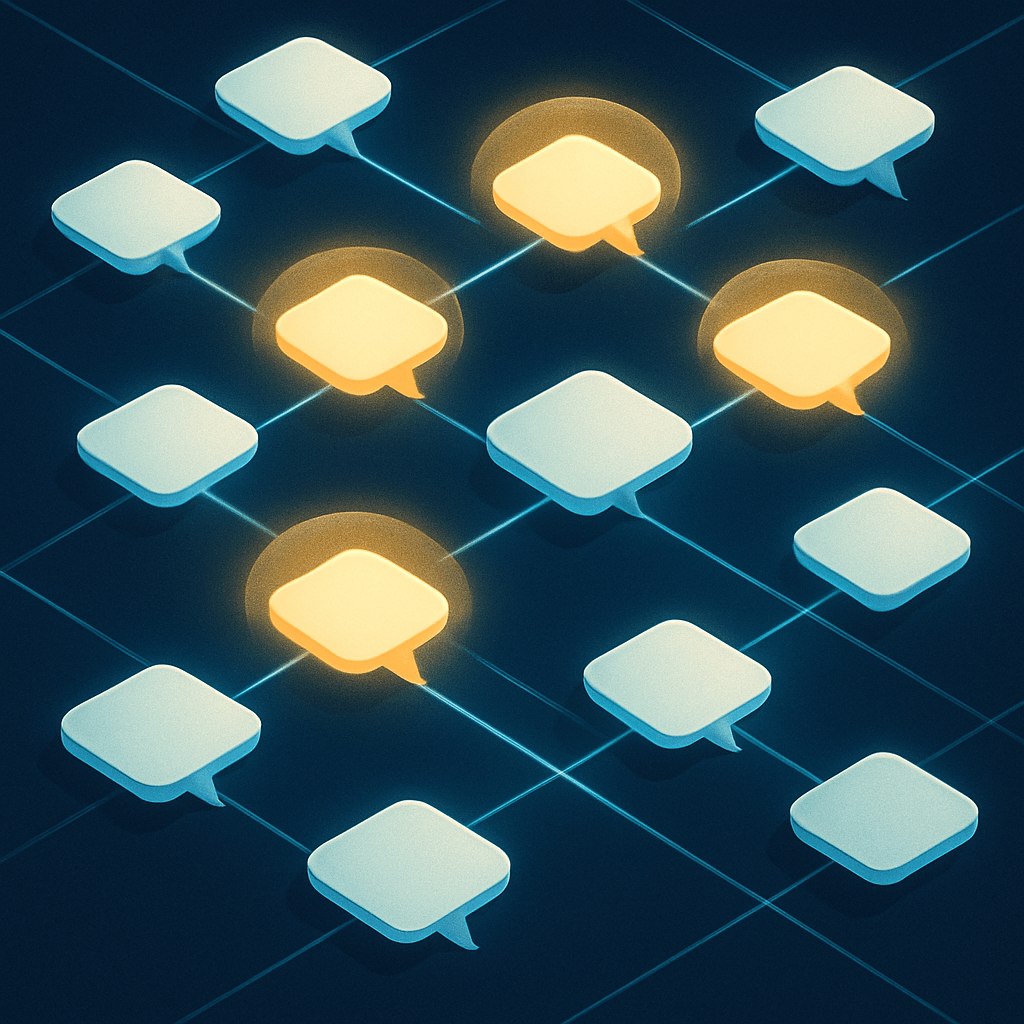 Isometric grid of glowing conversation bubbles connected by luminous lines representing an LLM prompt matrix workflow