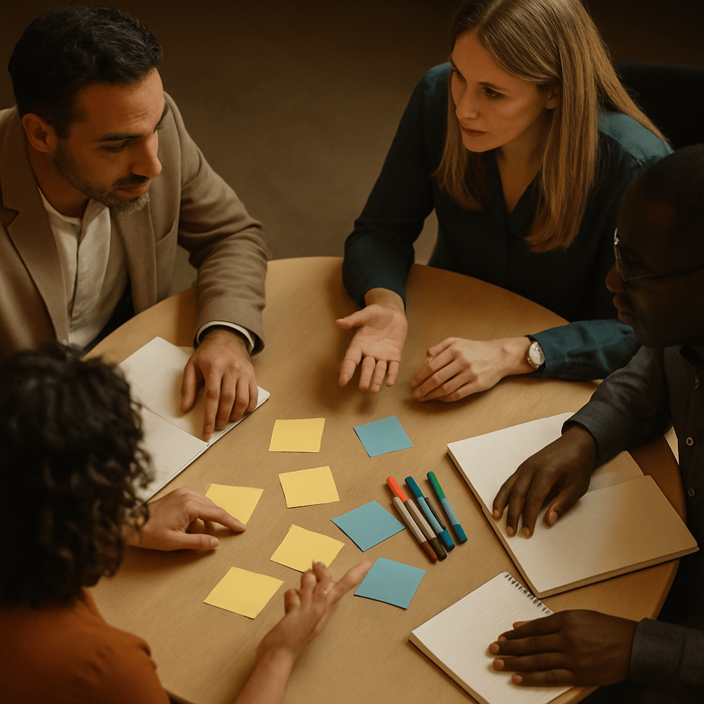 Overhead view of a small breakout group collaborating with sticky notes and markers
