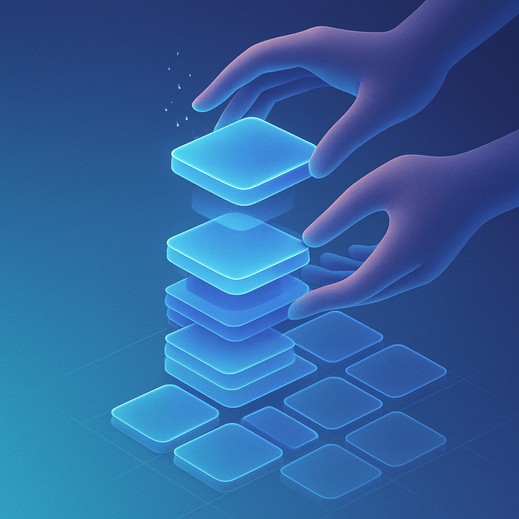Isometric illustration of app modules being reorganized and streamlined for performance