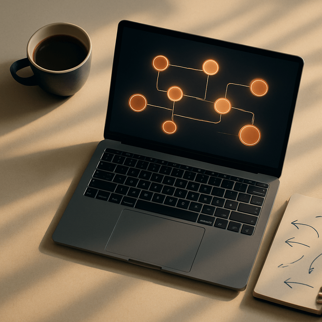 Overhead workspace with laptop showing glowing flowchart representing tag deployment planning