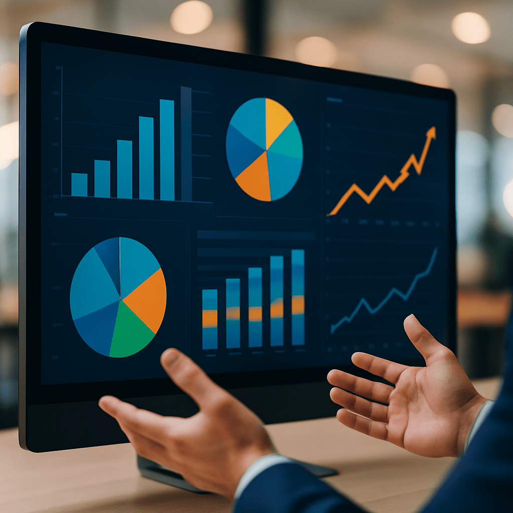 Analyst reviewing colorful business dashboard charts on a large monitor screen