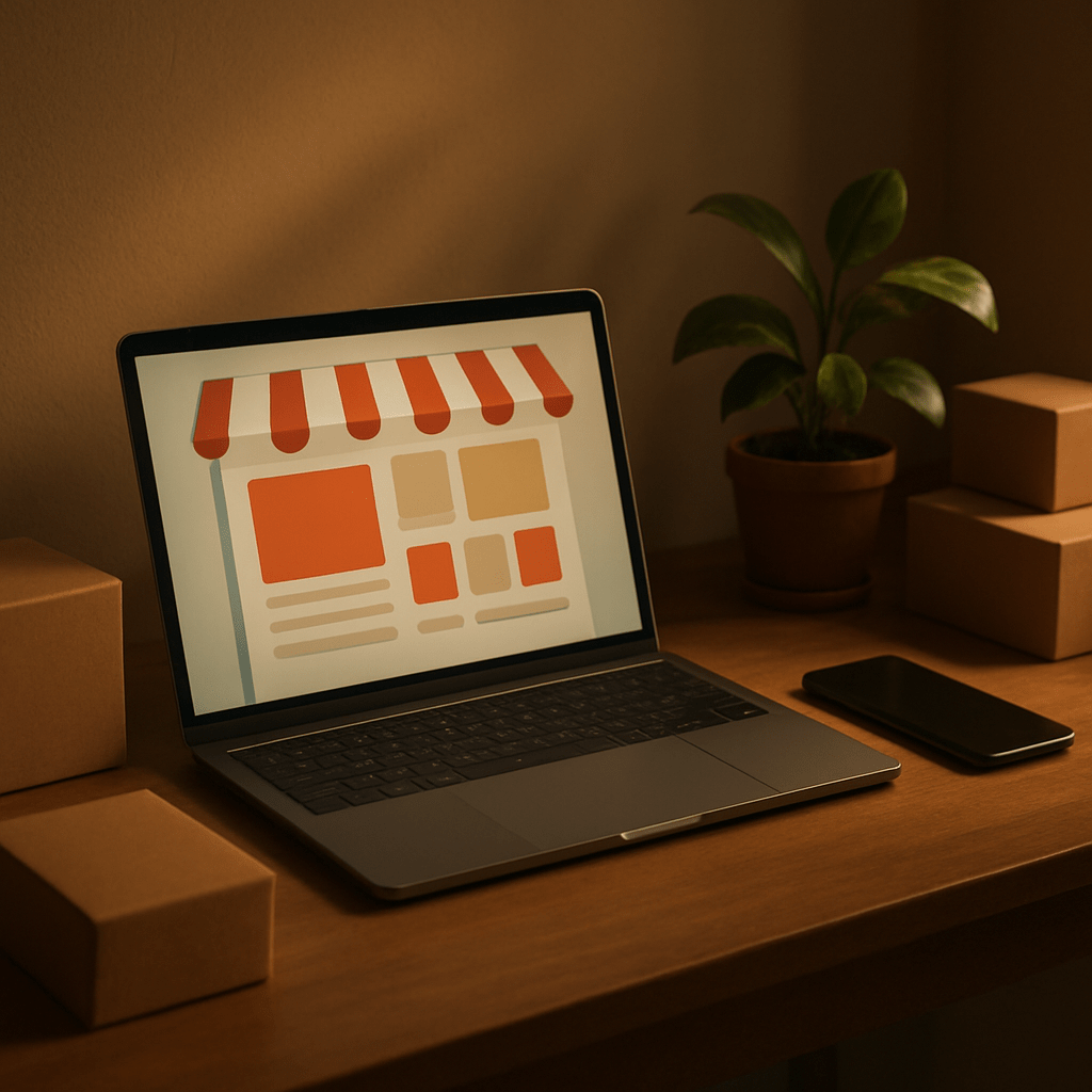 E-commerce entrepreneur workspace with laptop, phone, and plain product boxes