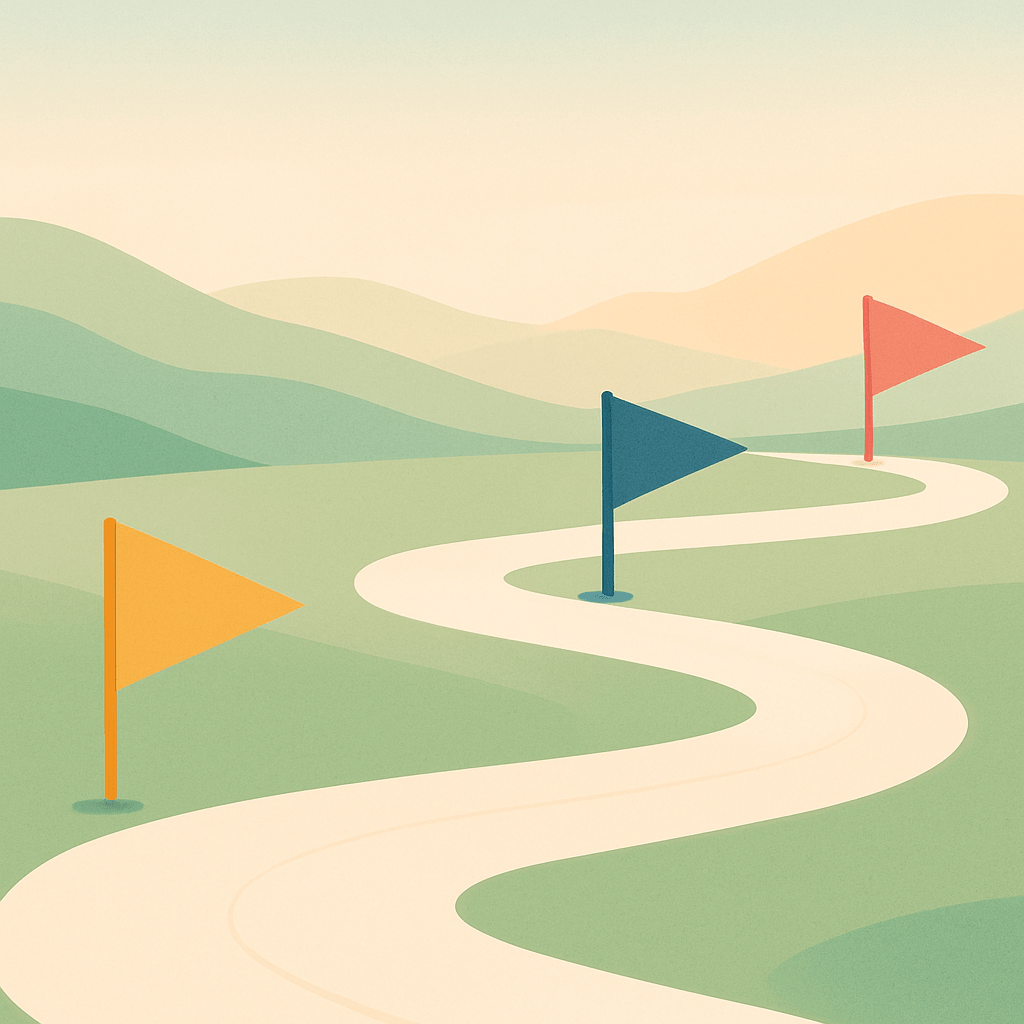 Three milestone markers along a winding path representing a 90-day tech stack rollout