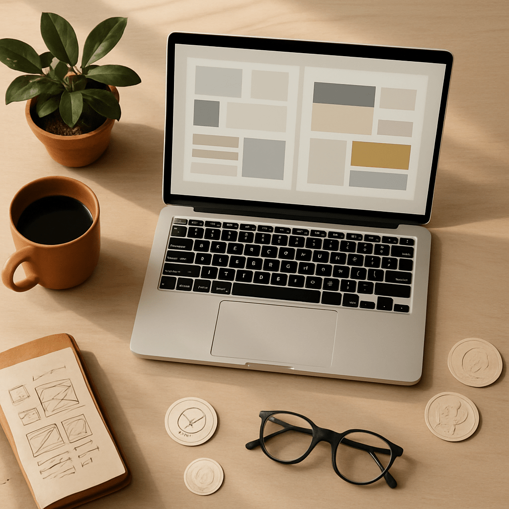 Flat lay of a marketing professional's desk with laptop notebook and portfolio case study
