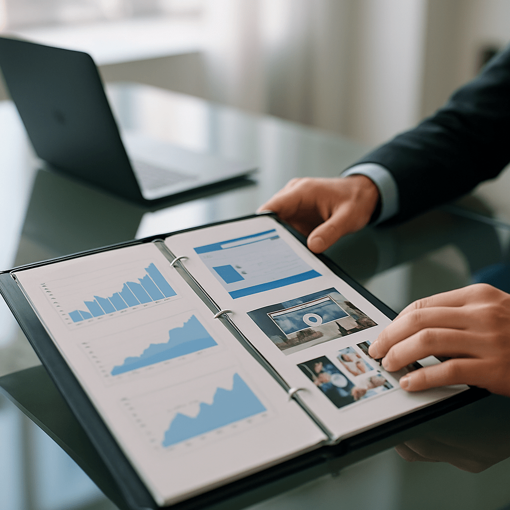 Recruiter hands reviewing marketing portfolio binder with campaign visuals and dashboards on conference table