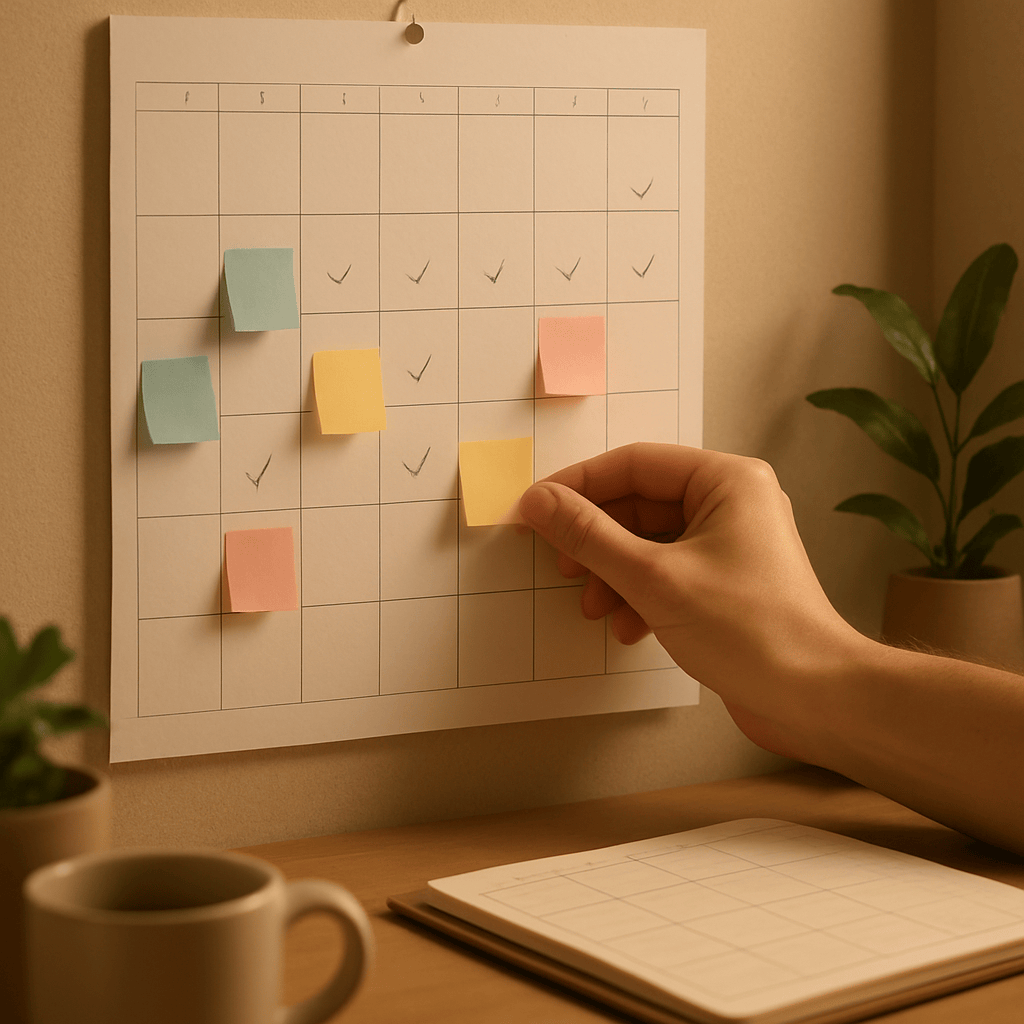 Wall calendar with colorful sticky notes representing a 90-day learning plan and checkmarks