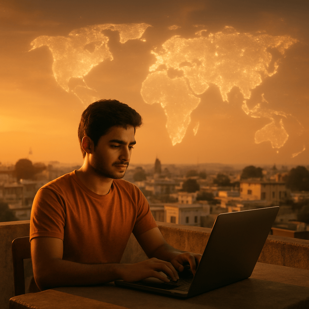 Young Indian freelancer working on laptop on rooftop with global sky backdrop at sunset