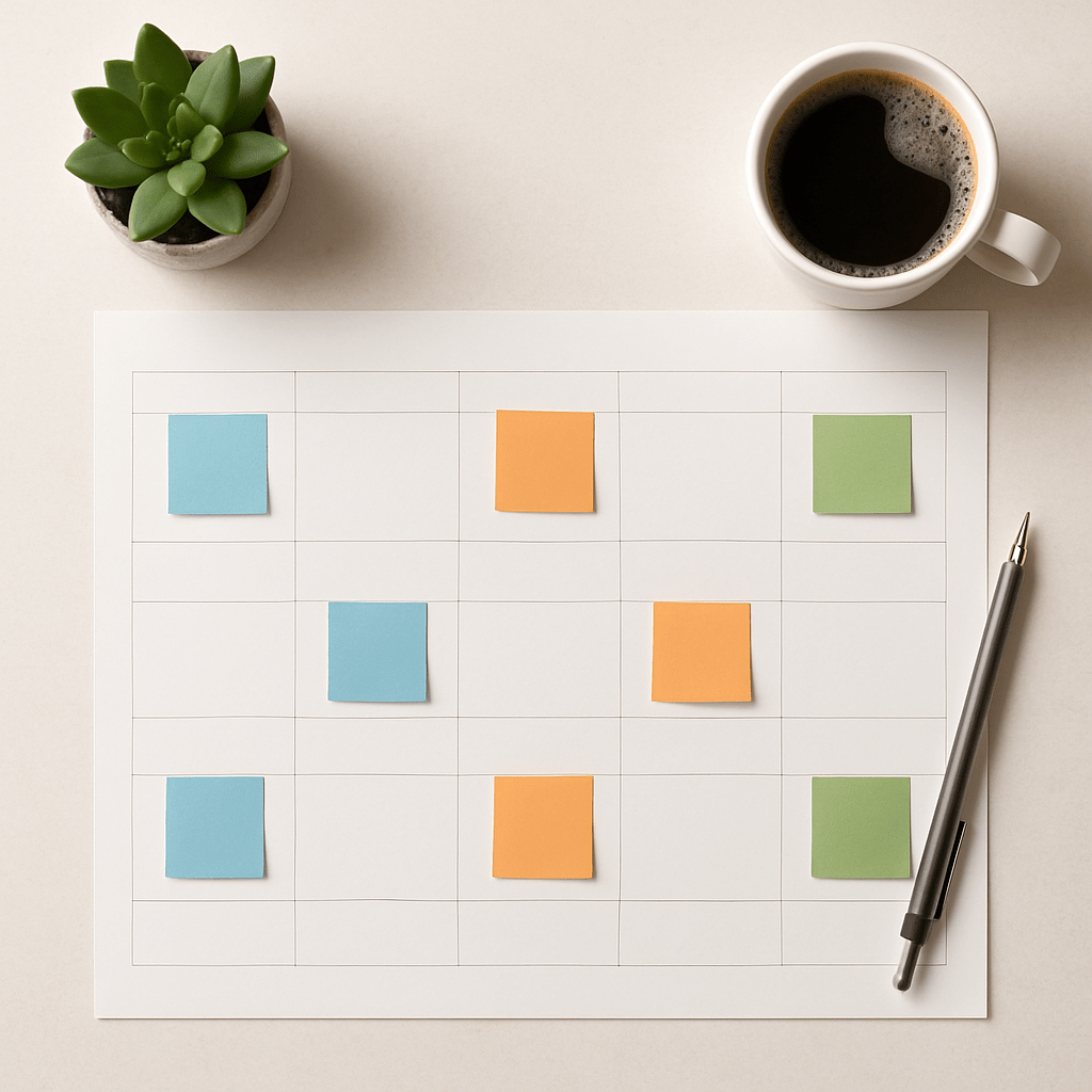 Flat-lay overhead of a four-week planning calendar with colored sticky notes and a coffee cup