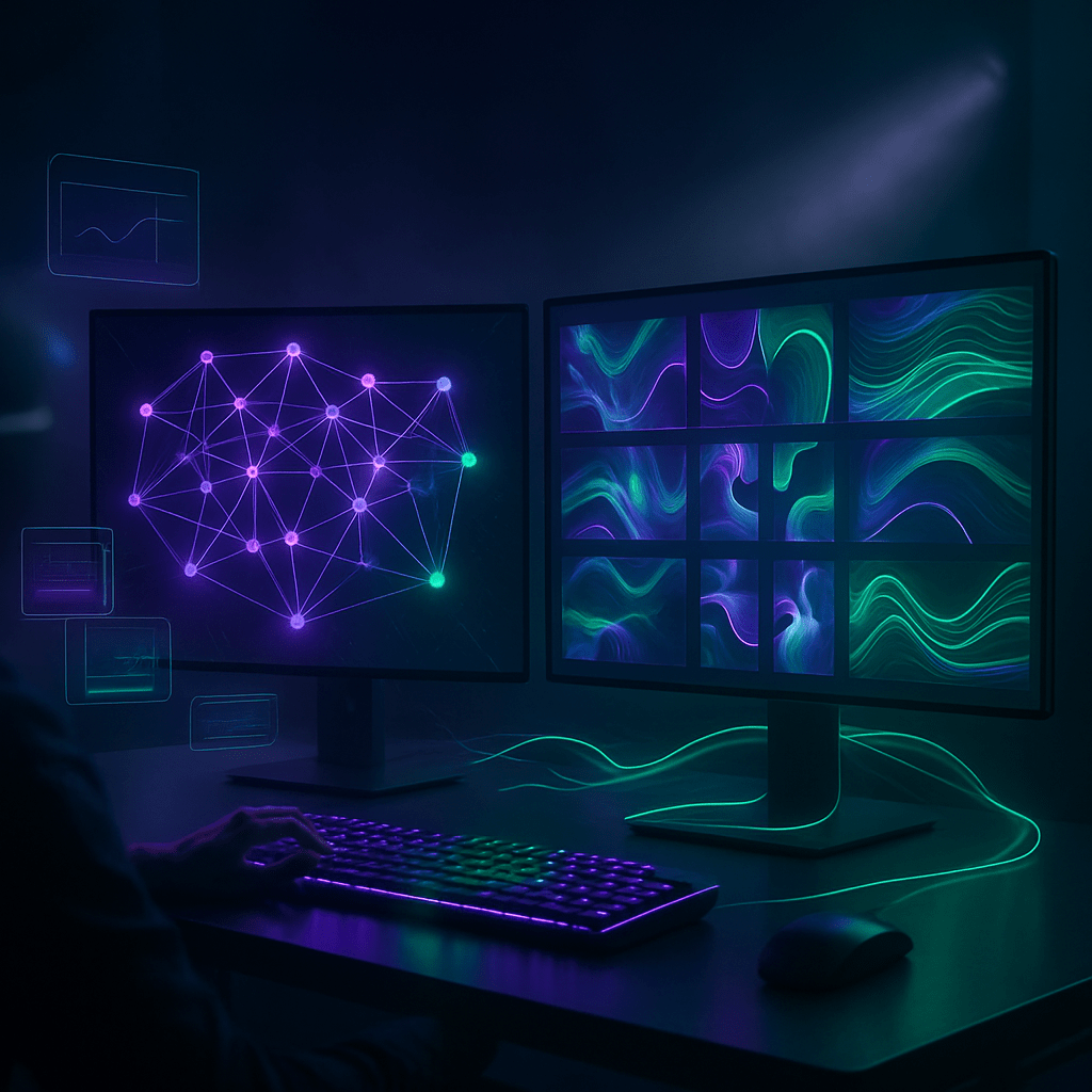 AI marketing engineer workstation with abstract neural network diagrams and holographic interface elements