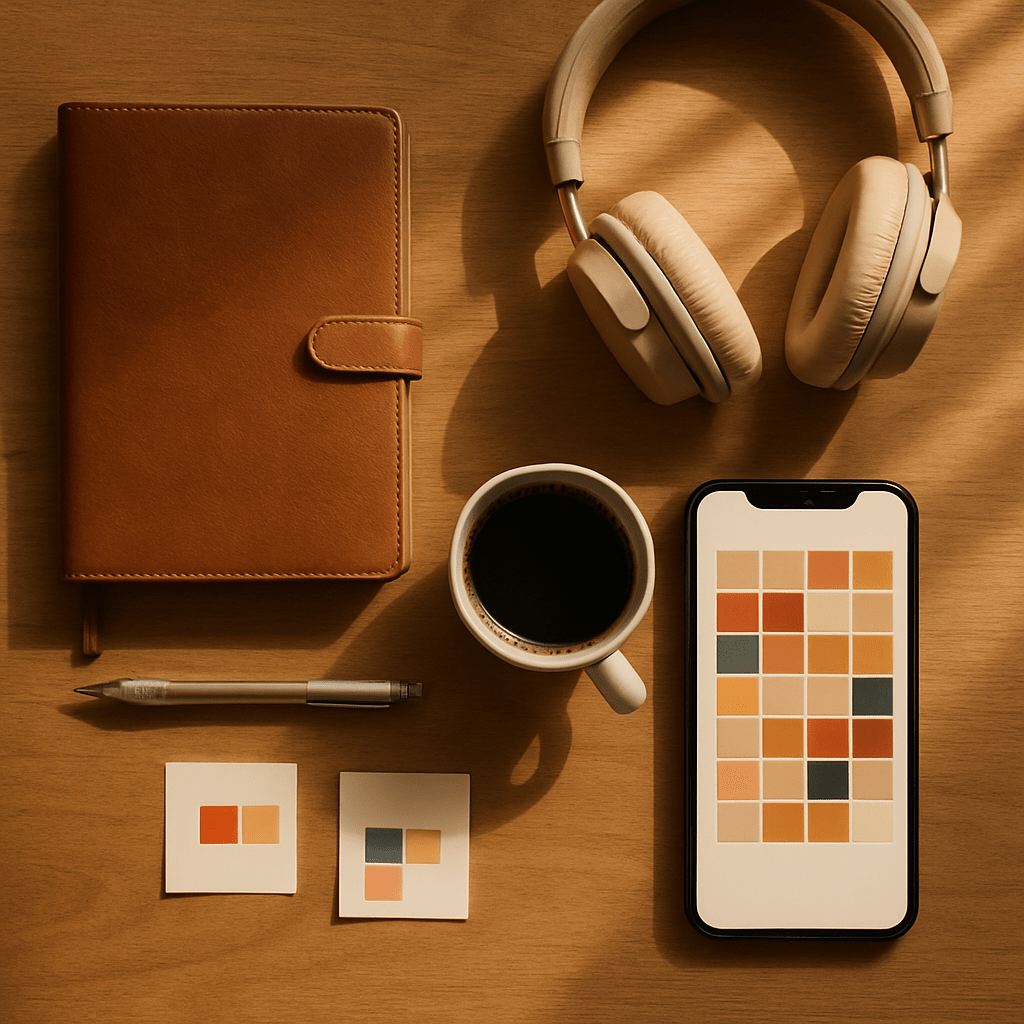 Overhead flat lay of a desk with notebook headphones and phone showing a calendar for interview prep