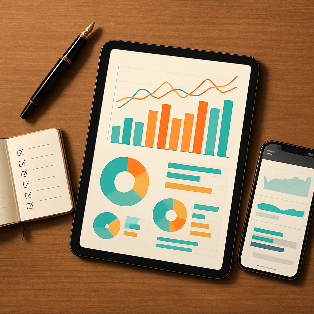 Freelance metrics dashboard on tablet next to planner tracking outbound activity and revenue