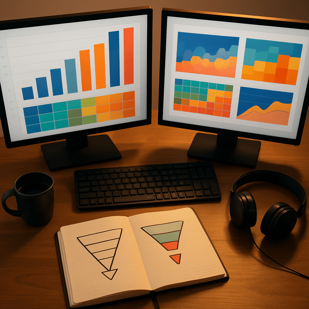 Overhead view of dual monitors displaying colorful cohort analytics dashboards on a modern marketing workspace