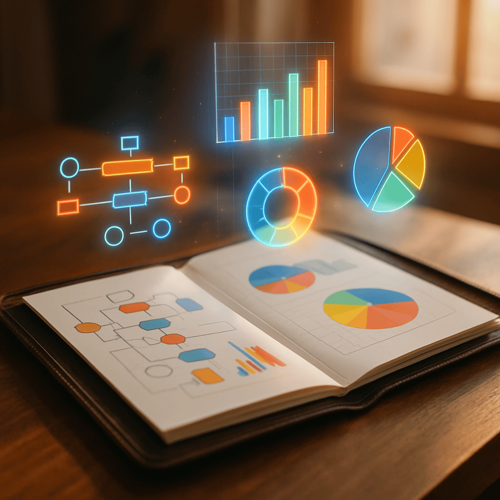 Open leather portfolio on wooden desk displaying abstract workflow diagrams with glowing digital overlays rising above pages