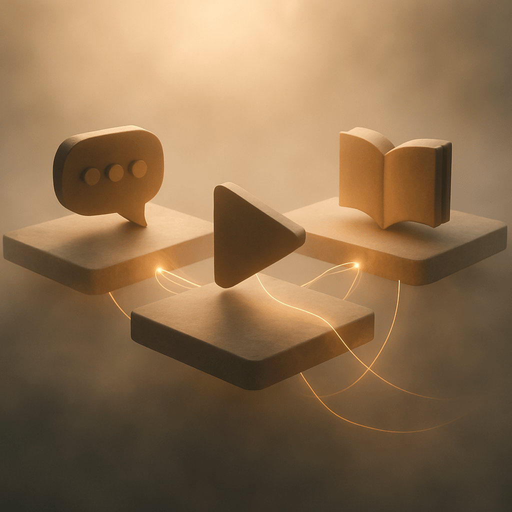 Floating interconnected platforms with abstract community video and editorial sculptures linked by glowing light filaments