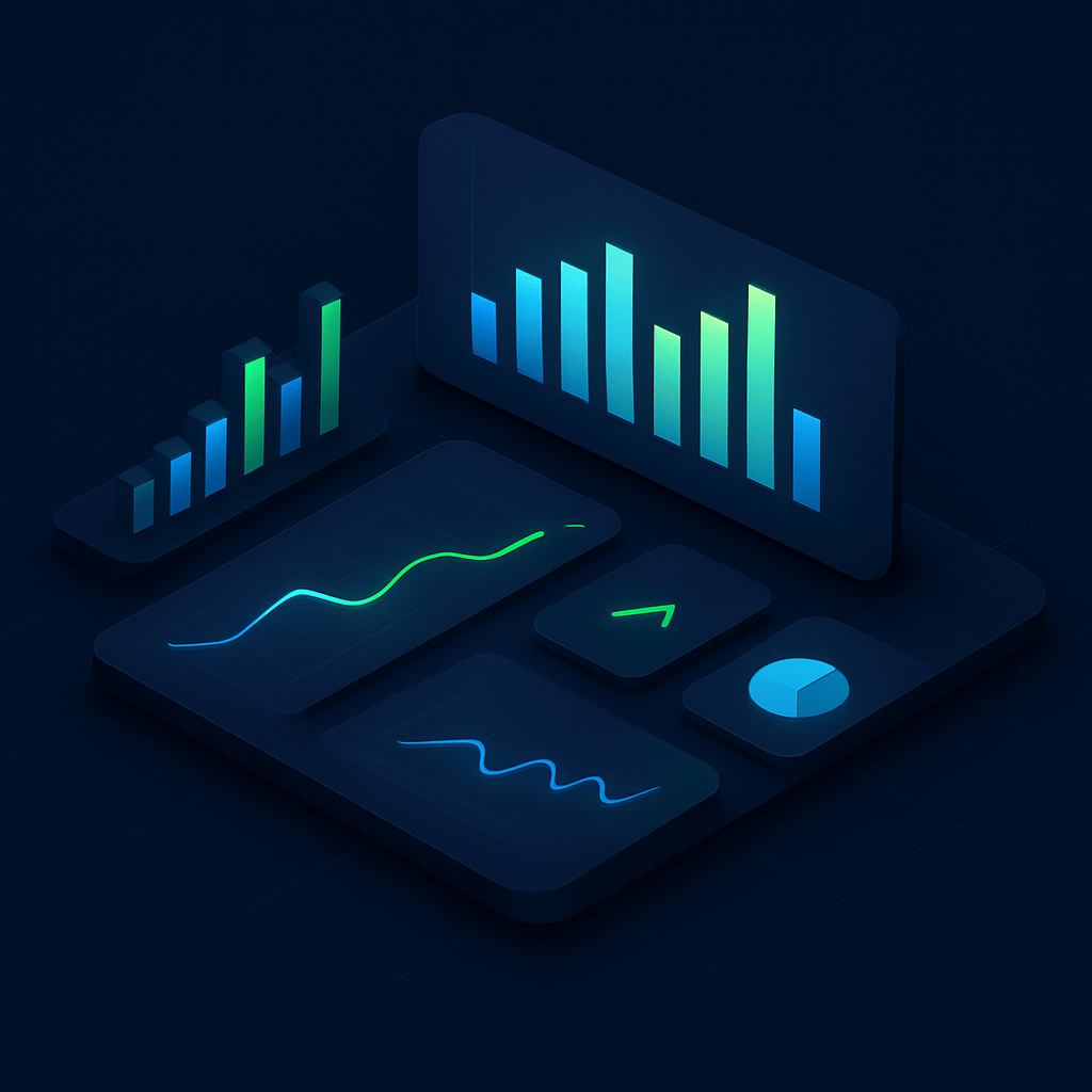 Abstract isometric dashboard visualization with floating charts and KPI cards on dark background