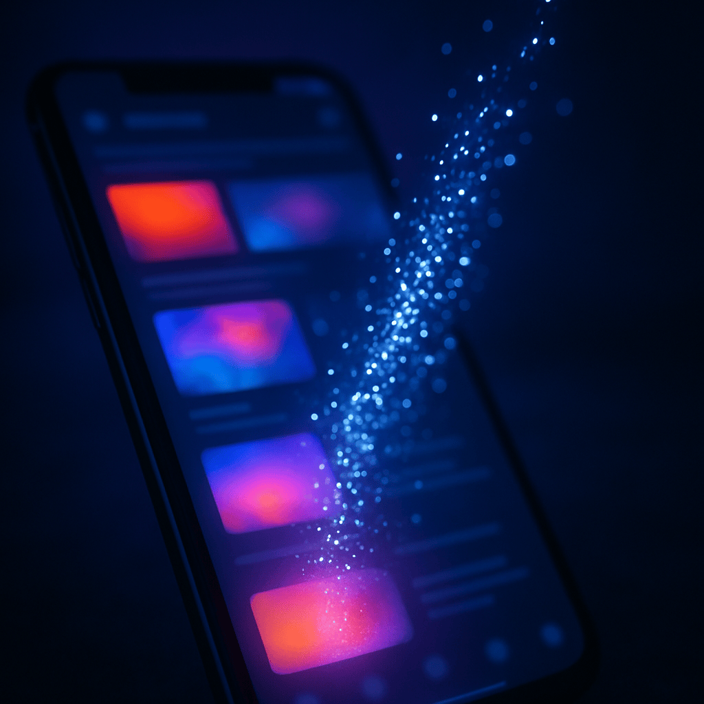 Smartphone glowing in dark room with abstract social ad tiles streaming as light particles