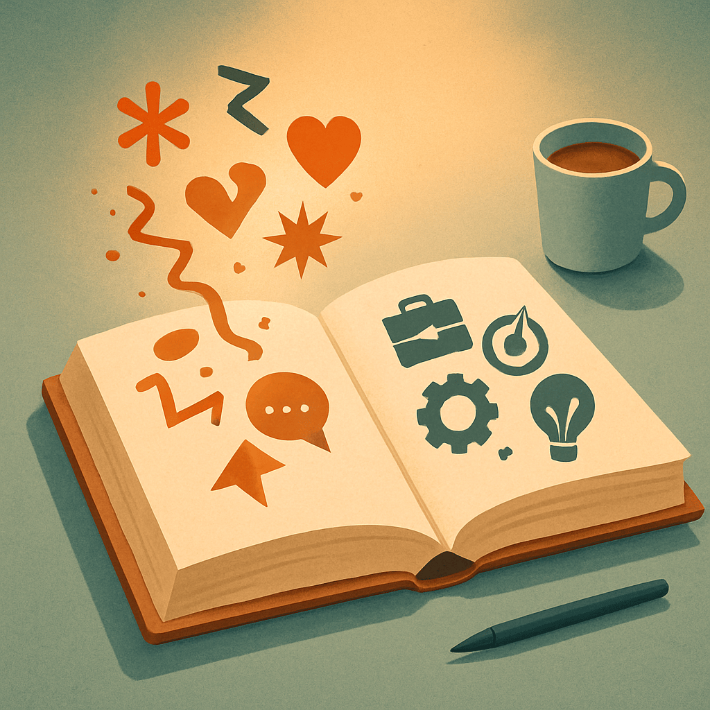 Open dictionary with abstract shapes morphing into clear icons on facing pages representing buzzword translation