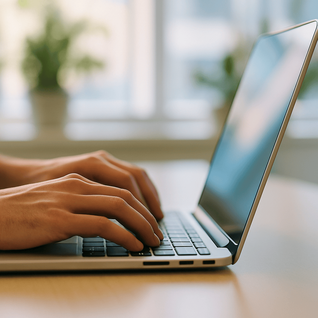 Person typing on laptop keyboard optimizing a professional profile headline in a bright office