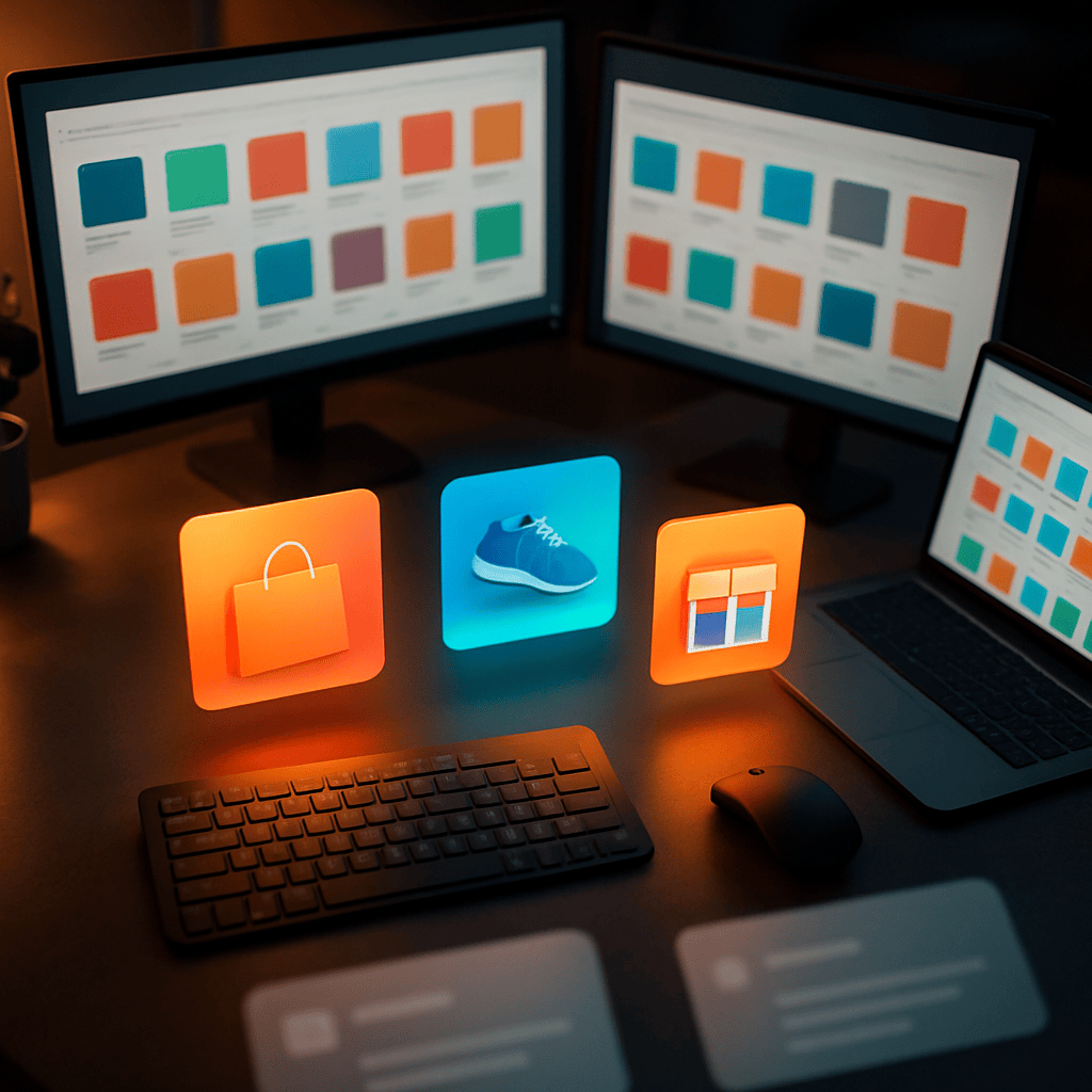 Modern ecommerce workspace with multiple monitors displaying abstract product grids and creative ad variants