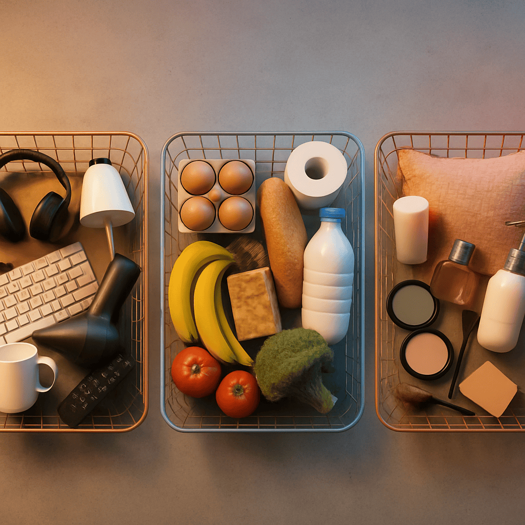 Three shopping baskets showing different product mixes for Amazon Walmart and Target shoppers