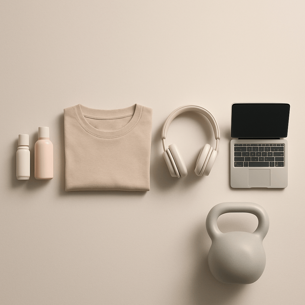 Overhead flat lay of beauty, apparel, electronics and fitness products arranged from small to large