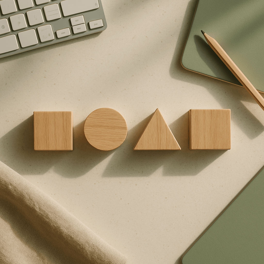 Four wooden geometric blocks arranged on desk representing referral program design decisions