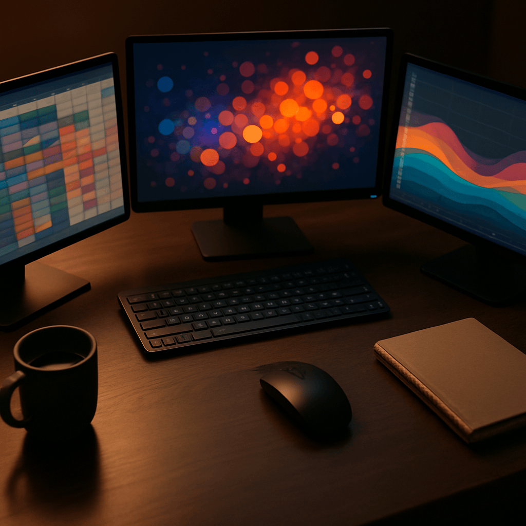 Overhead workstation view with monitors displaying colorful abstract data visualizations and charts