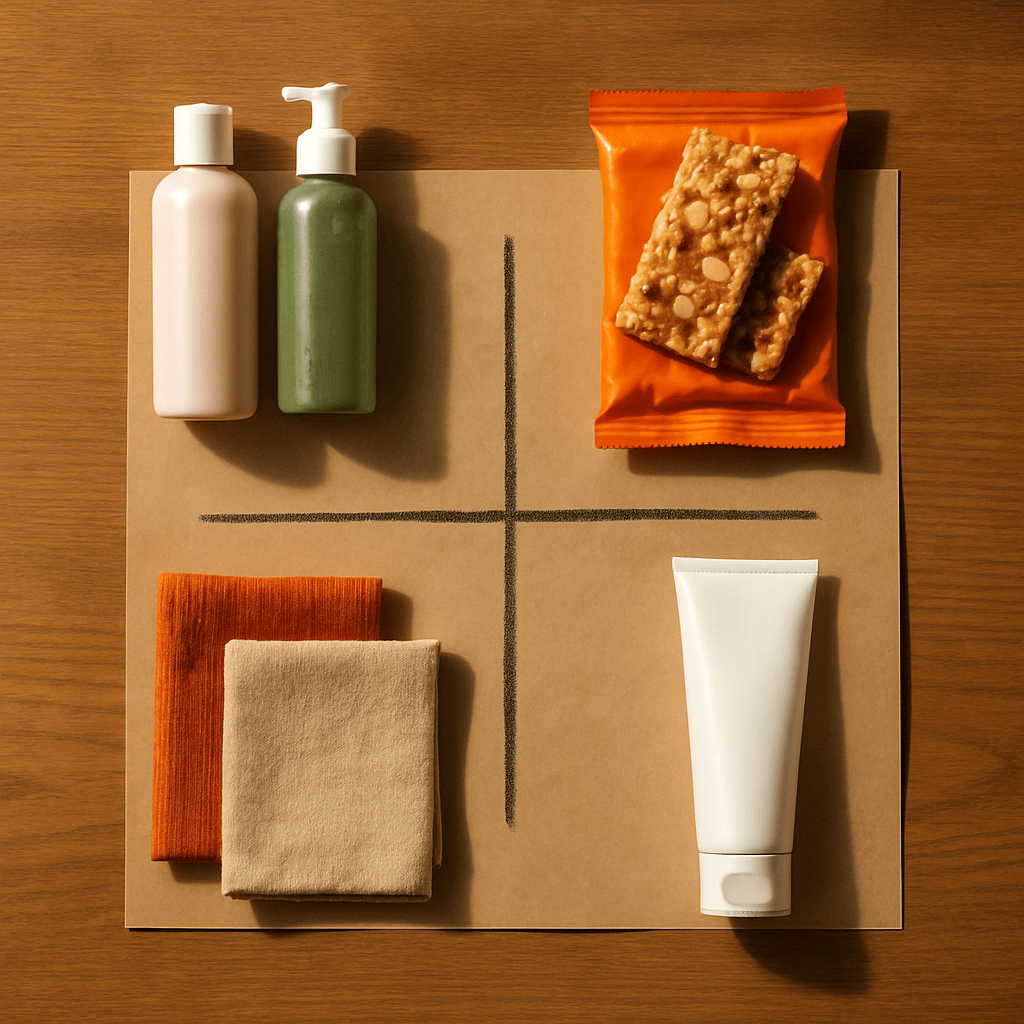Overhead view of channel strategy matrix with assorted consumer product samples arranged by quadrant