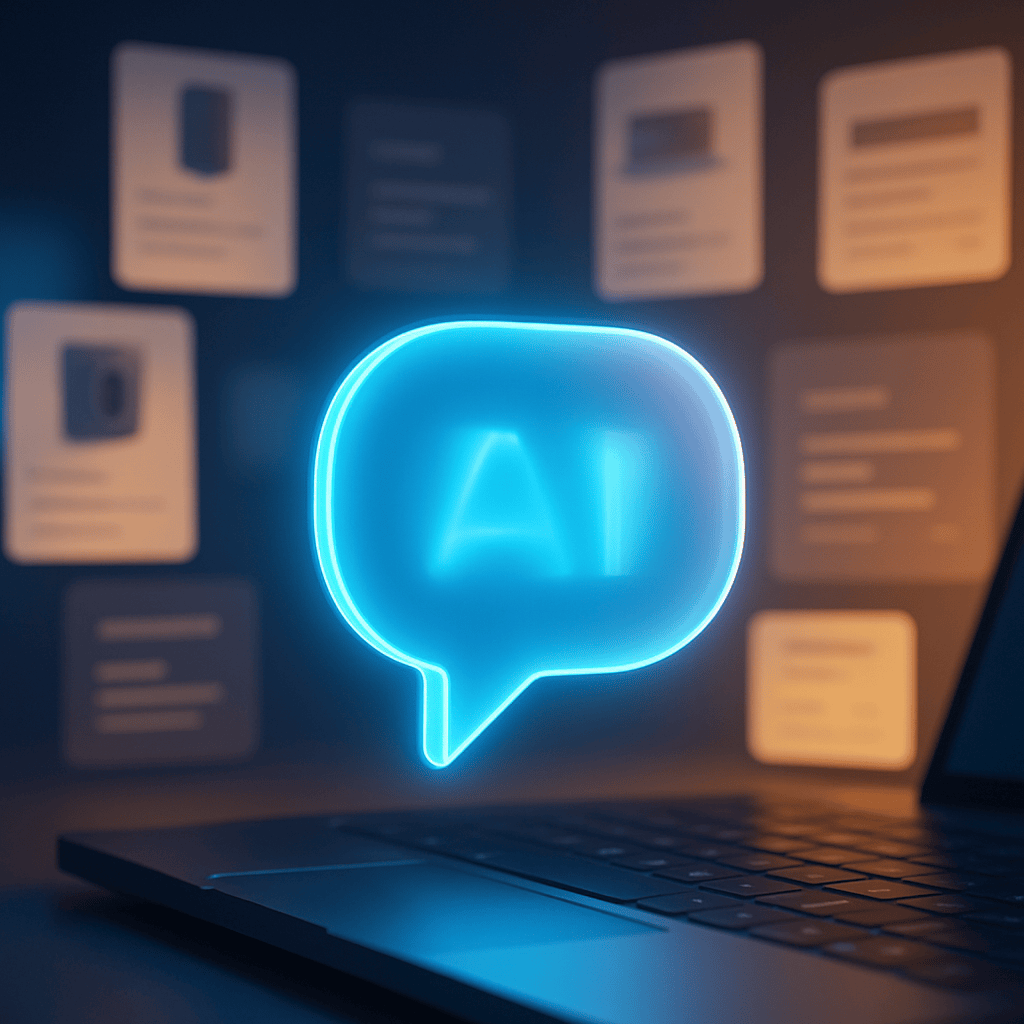 Glowing AI chat interface hovering above laptop with floating product comparison cards and soft ambient lighting