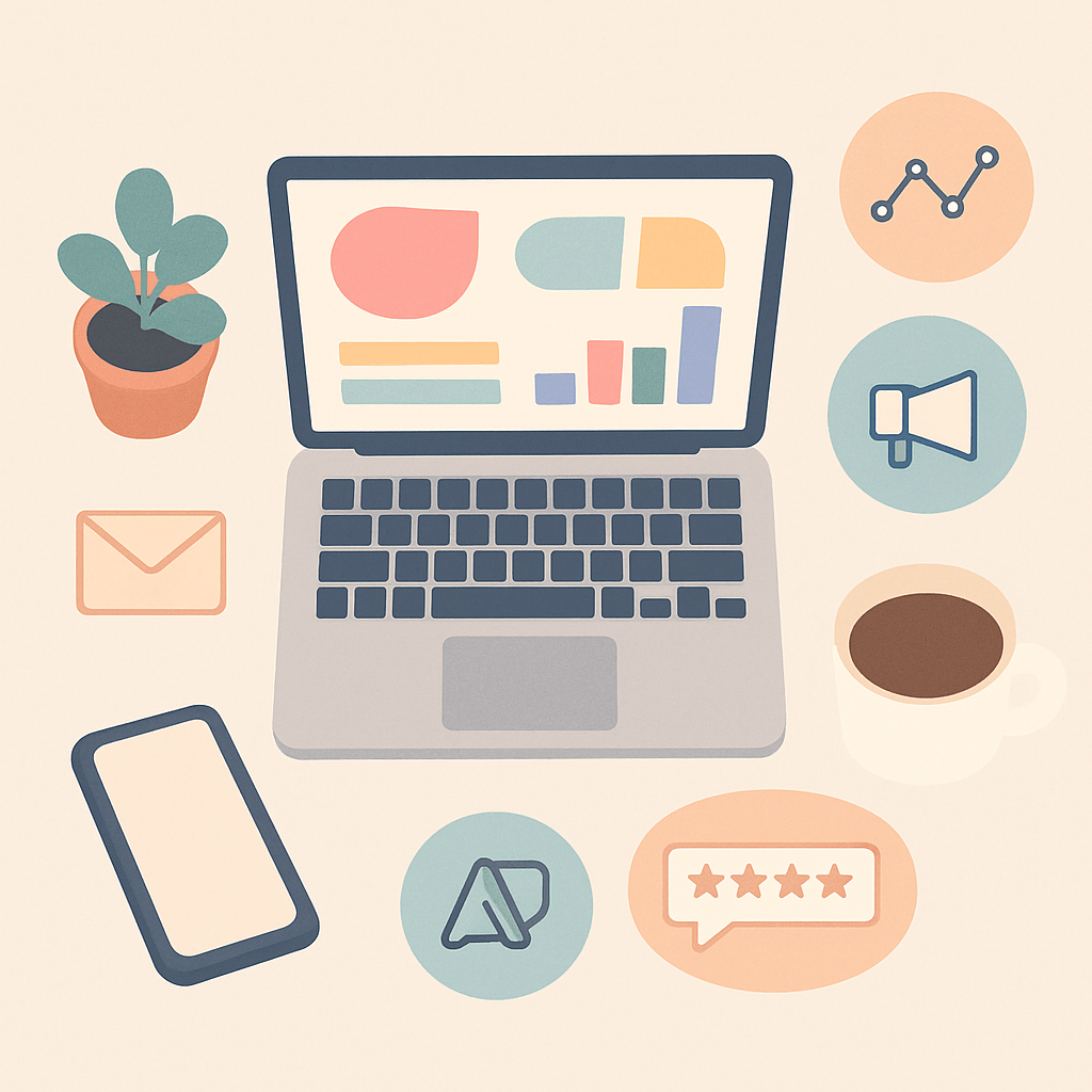 Overhead flat-lay illustration of a lean e-commerce marketing tech stack on a minimalist desk