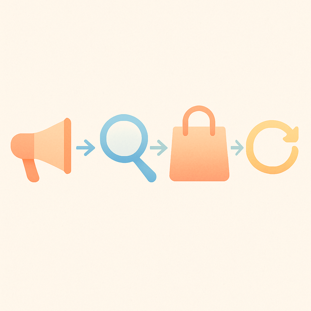 Illustrated customer journey diagram showing awareness to purchase to retention flow in soft pastel colors