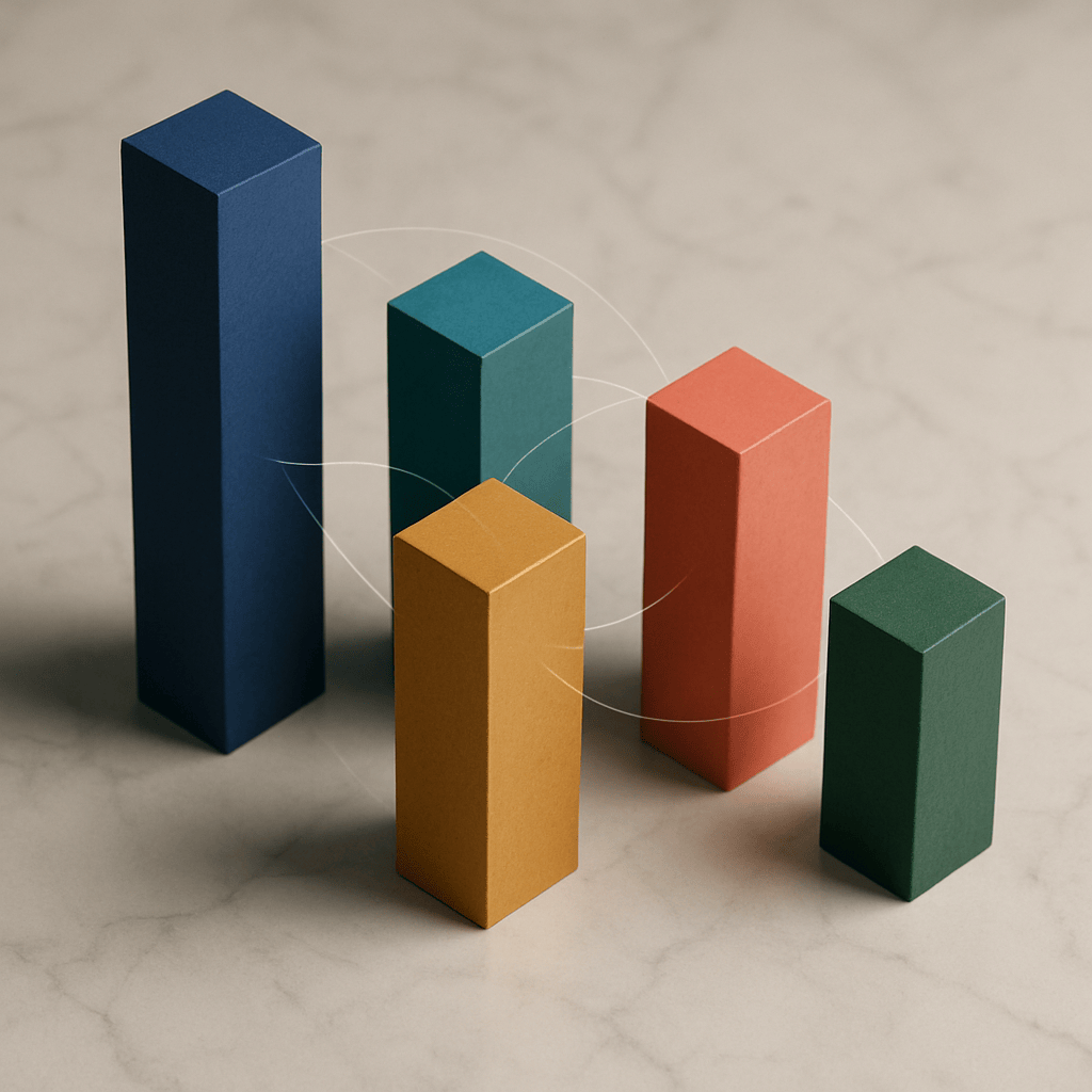 Five colored pillars of varying heights connected by glowing threads on a marble surface