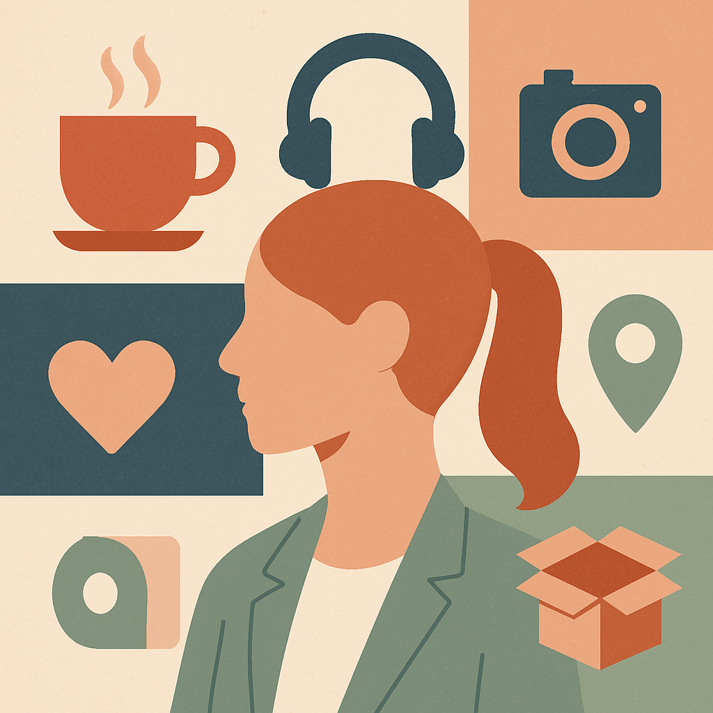 Flat illustration of a customer persona surrounded by icons for behaviors motivations and preferred channels