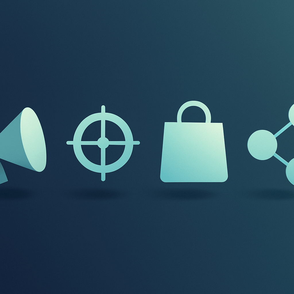 Four abstract geometric icons representing brand, performance, storefront, and retention marketing functions