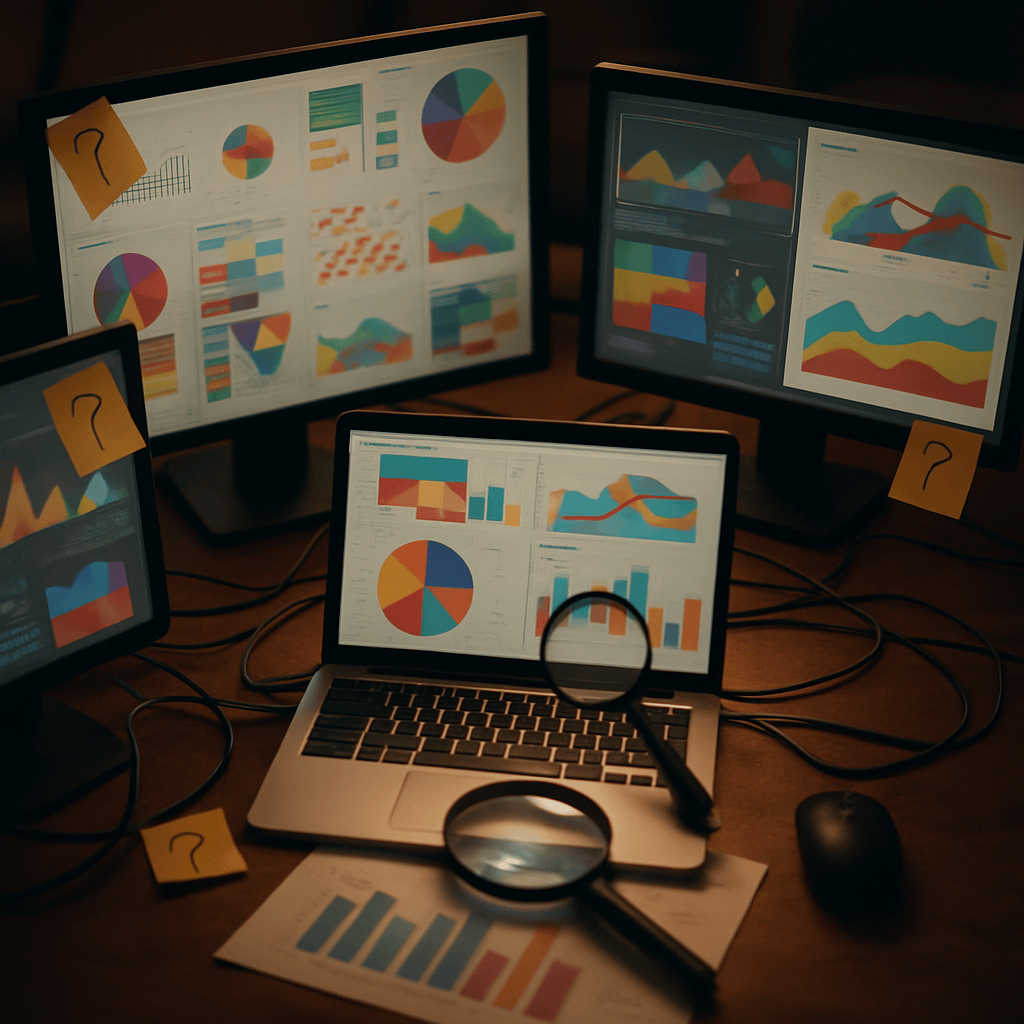 Overhead view of desk with multiple monitors showing tangled analytics dashboards and sticky notes