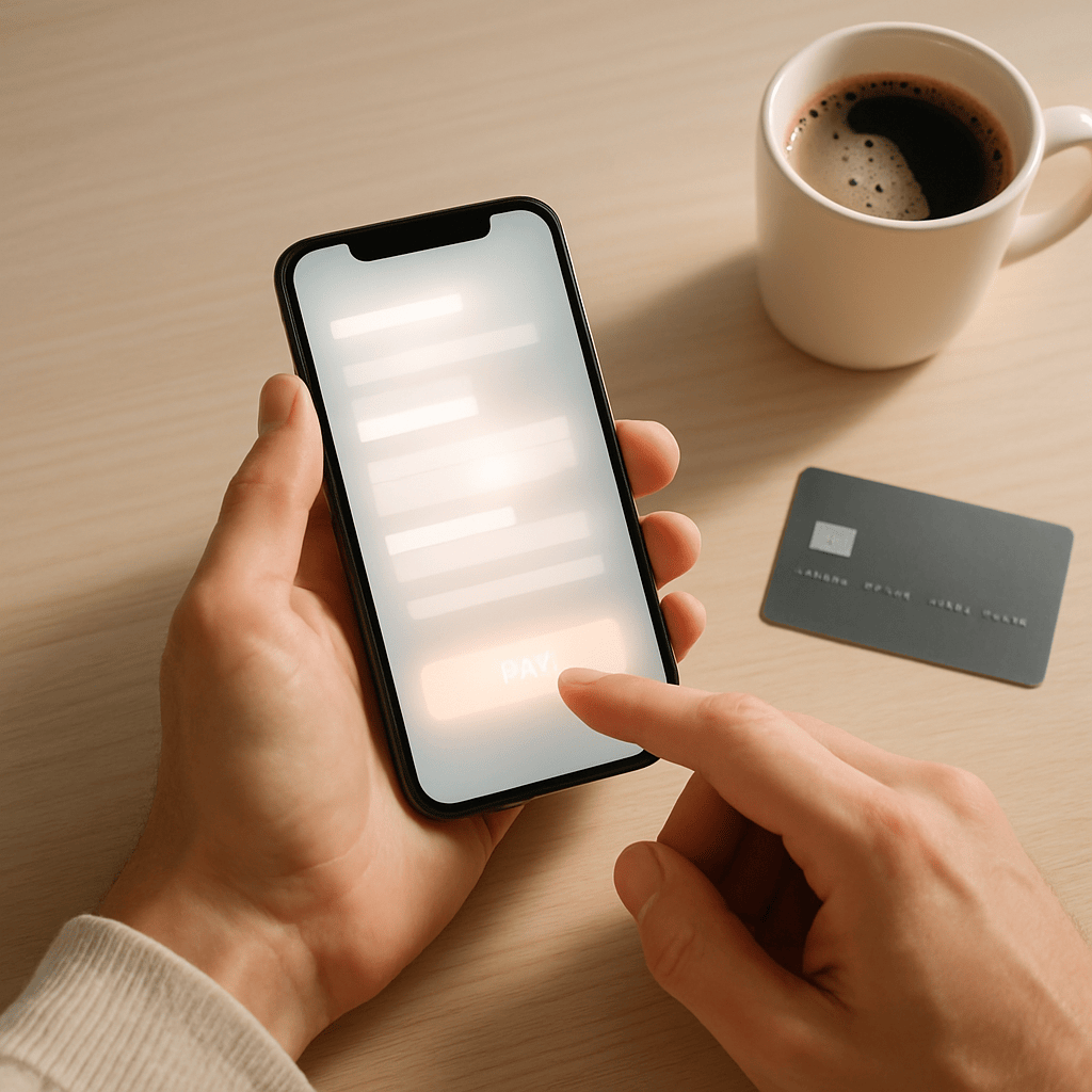 Hands holding smartphone with glowing checkout interface next to credit card on wooden desk