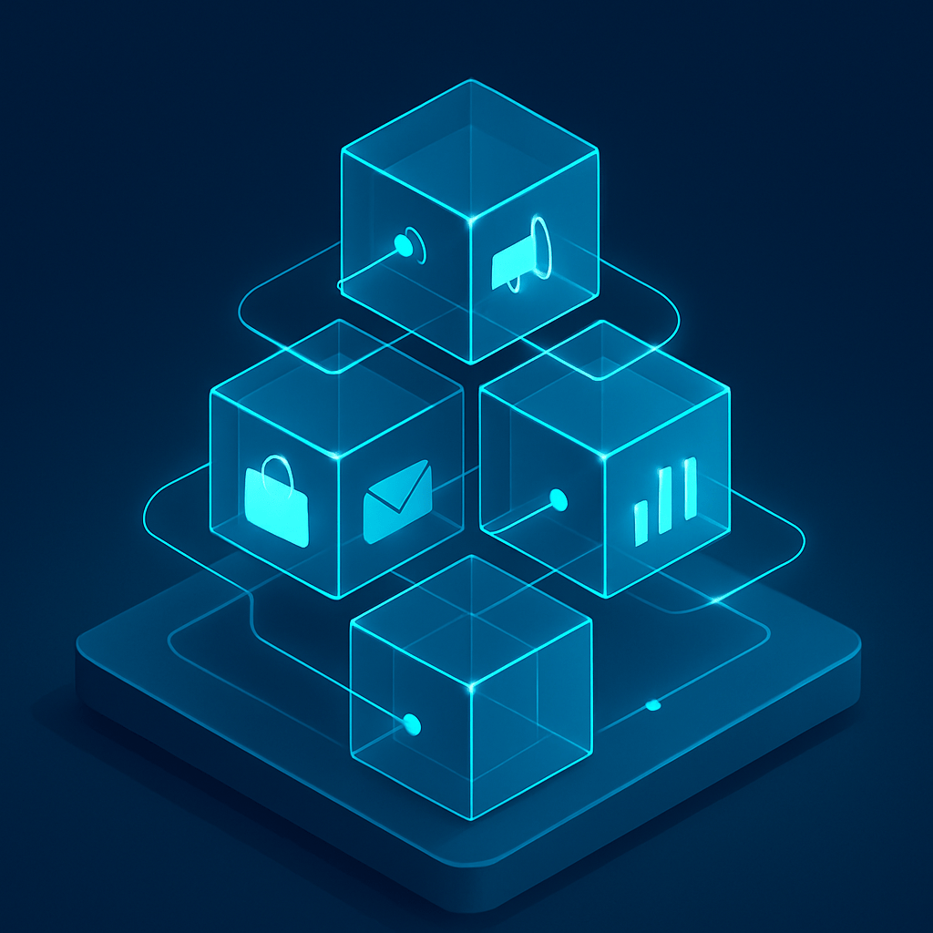 Isometric stack of glass cubes with abstract commerce icons connected by glowing data lines