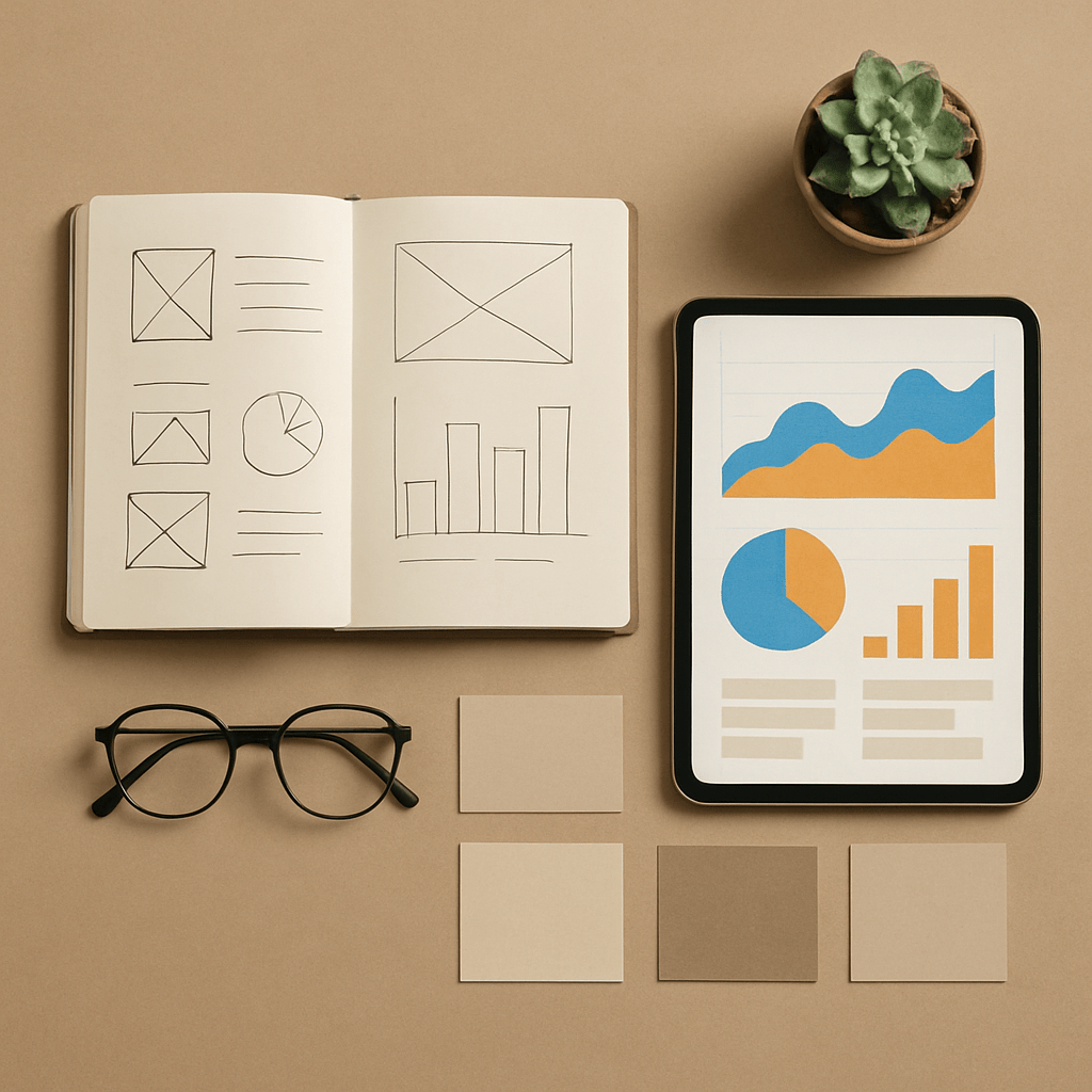 Overhead flat-lay of a marketing portfolio workspace with tablet dashboards, sketches, and design samples