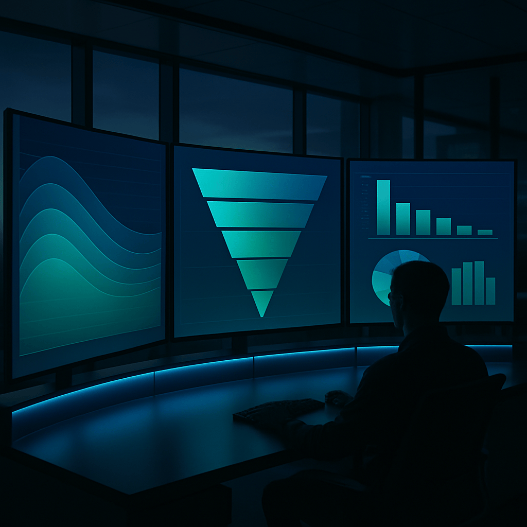 Growth-stage marketing analyst reviewing cohort curves and channel performance across multiple monitors