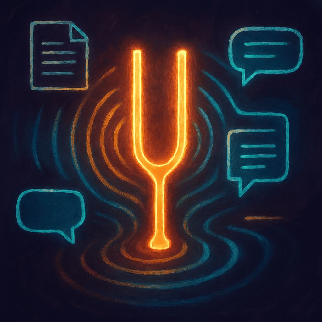 Glowing tuning fork emitting soundwaves that ripple into abstract document and speech bubble shapes