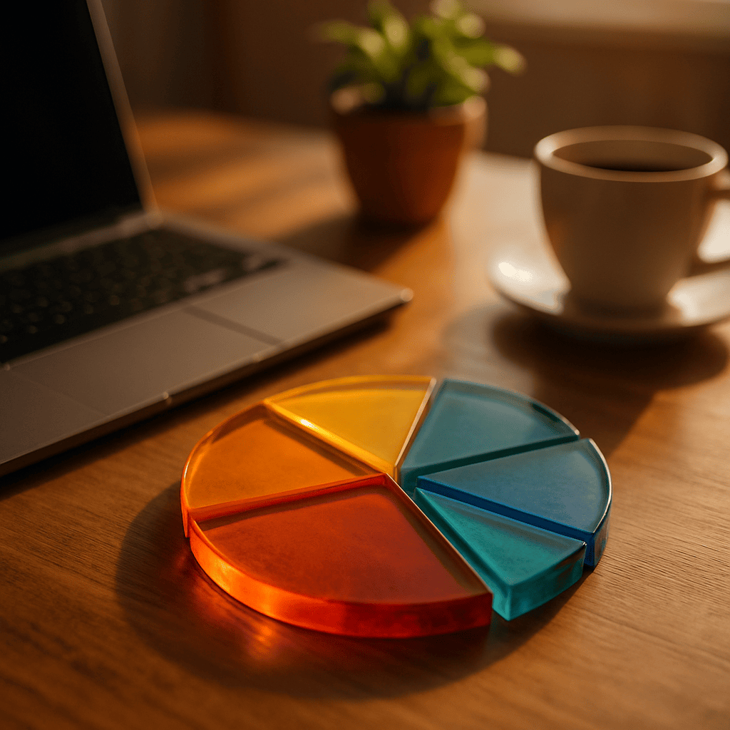 Colored glass pie chart segments on a wooden desk representing marketing budget allocation