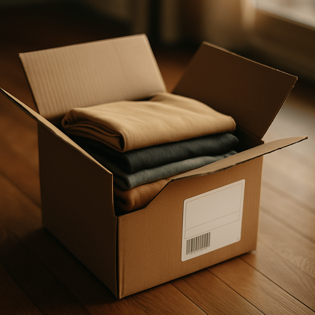Open return shipping box filled with folded apparel items representing bracketing return behavior