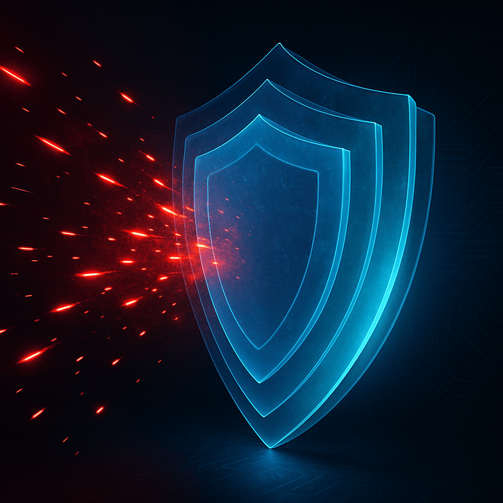 Layered translucent shield deflecting red particles representing referral fraud control stack