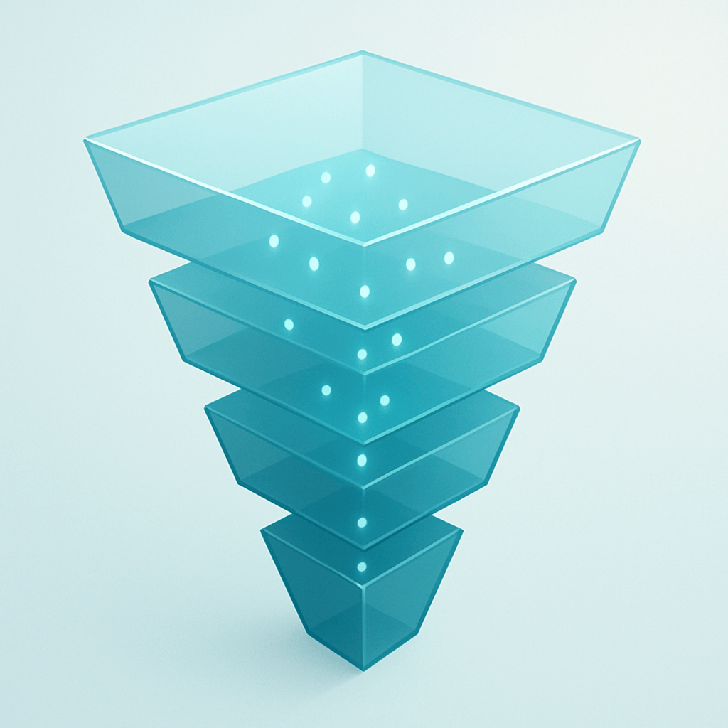Isometric funnel illustration showing translucent stages with glowing user flow dots descending