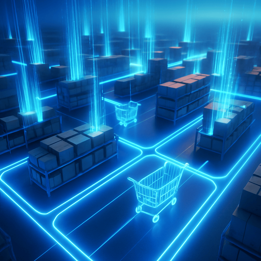 Overhead view of illuminated warehouse floor with glowing data streams rising from shopping carts and packaged goods