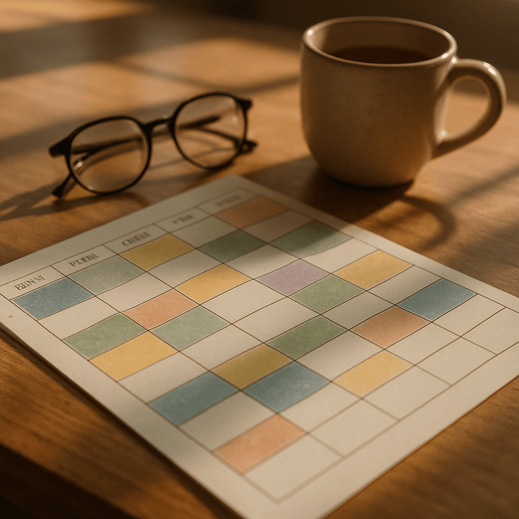 Color-coded weekly planner on wooden desk representing a small retailer marketing schedule
