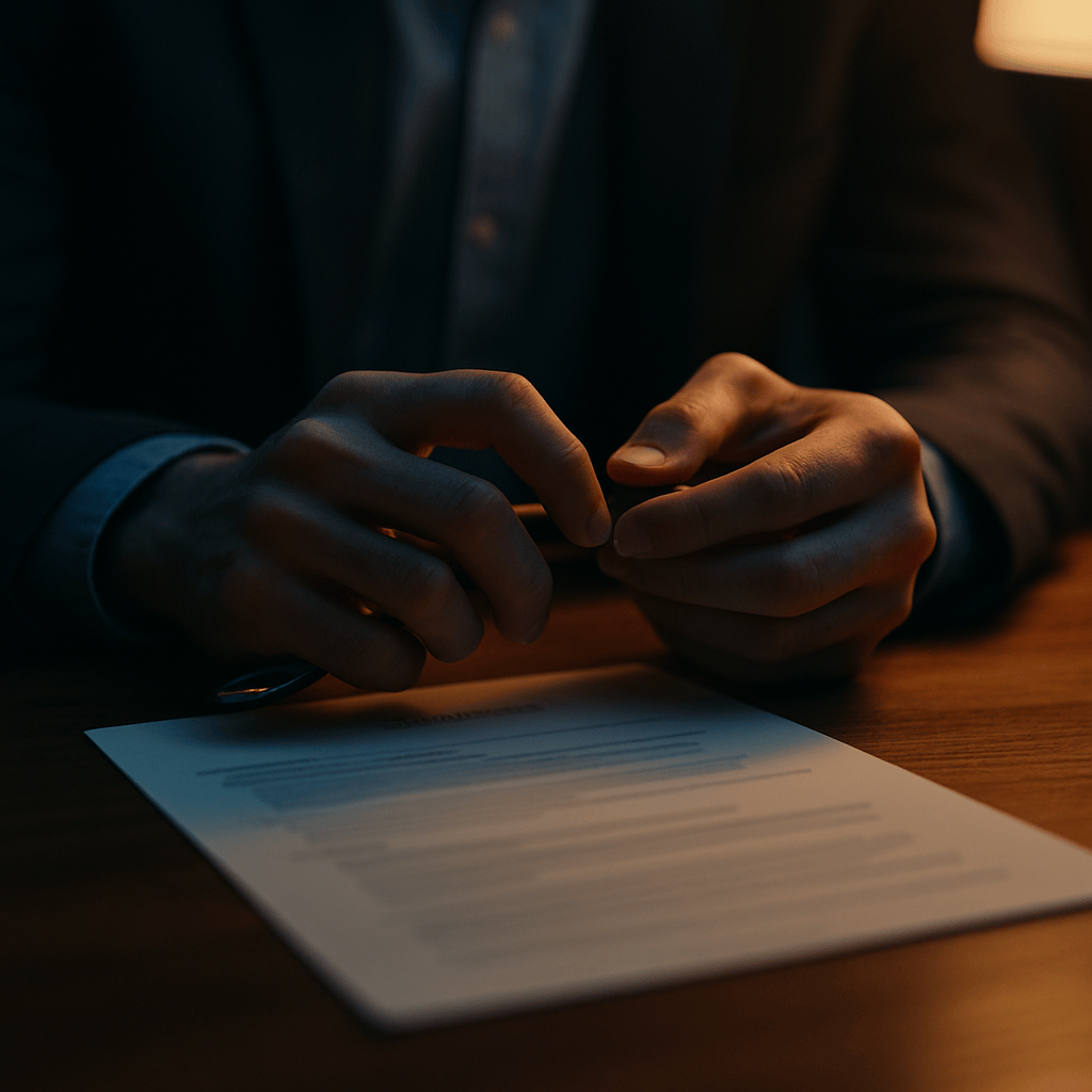 Candidate hands nervously fidgeting with pen over blurred resume during a tense interview moment